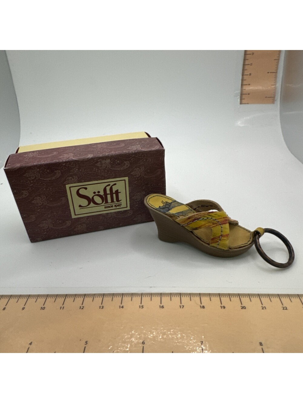 Sofft Yellow Leather Wedge Key Chain In Tiny Shoebox New In Box